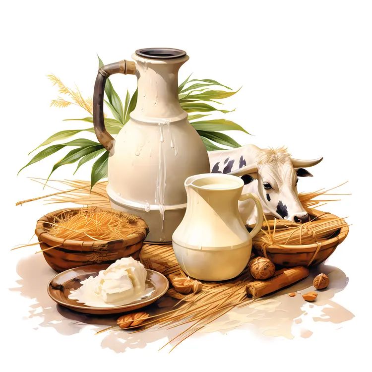 Rustic Dairy Products with Milk Jug and Cow