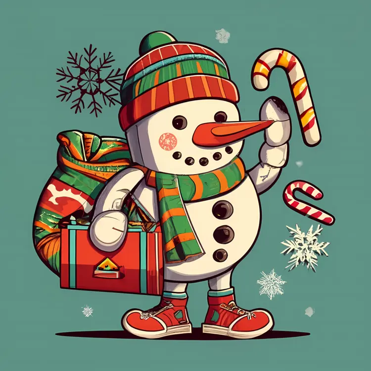 Snowman with Candy Cane and Gifts