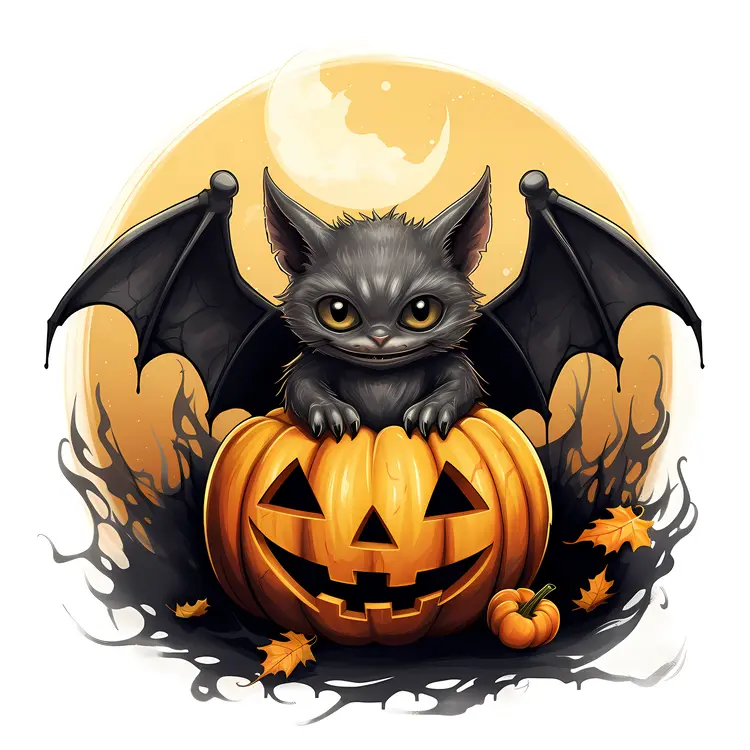 Cute Bat on Pumpkin with Halloween Theme