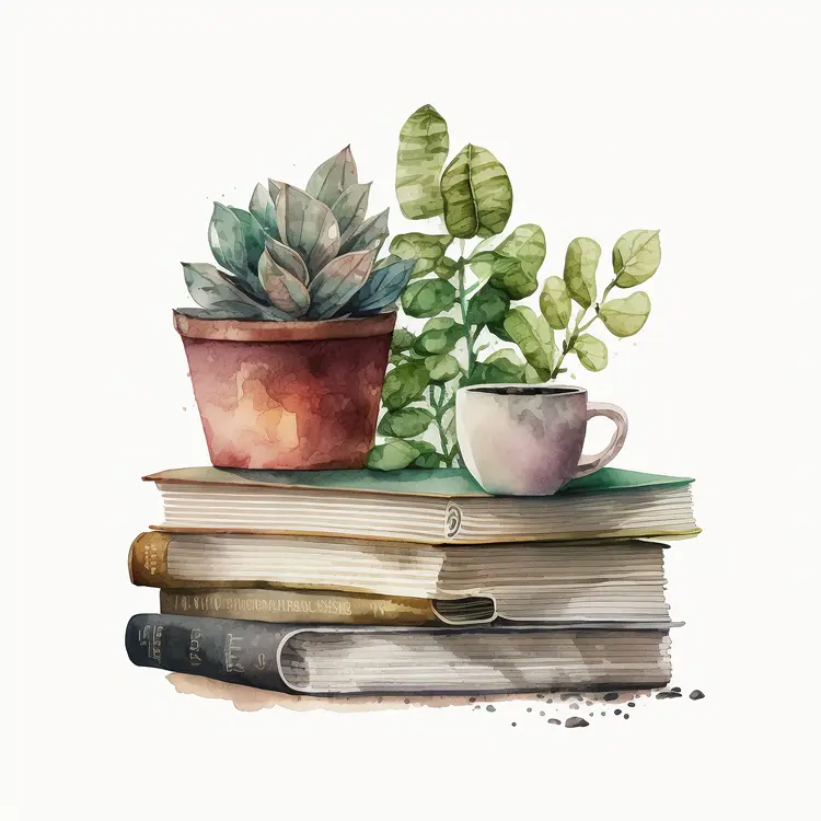 Potted Plants and Cup on Stack of Books