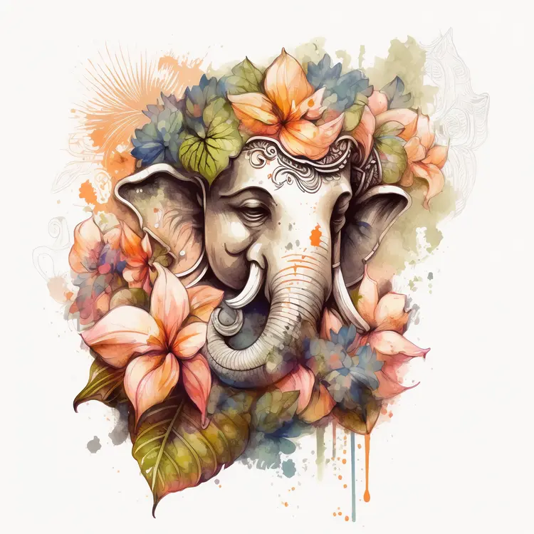 Artistic Elephant with Flowers and Leaves