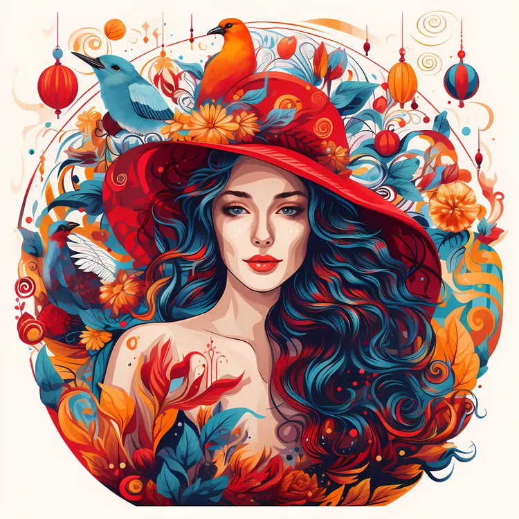 Colorful Fantasy Woman Portrait with Birds