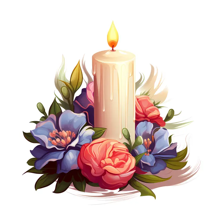 Single Candle with Colorful Flowers