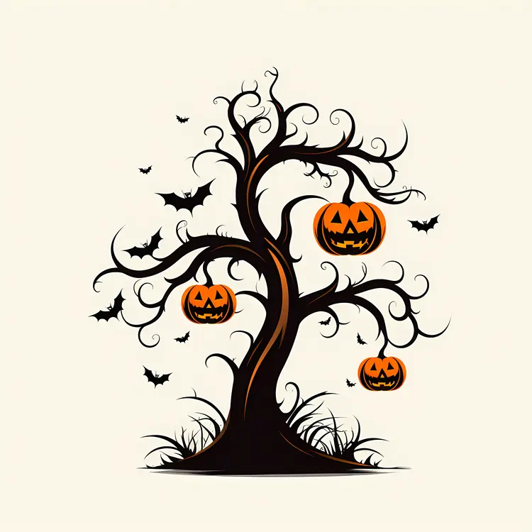 Spooky Tree with Pumpkins and Bats