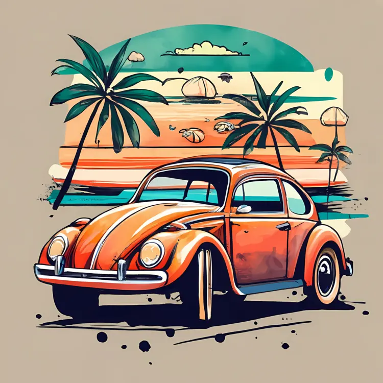 Classic Orange Car on a Tropical Beach