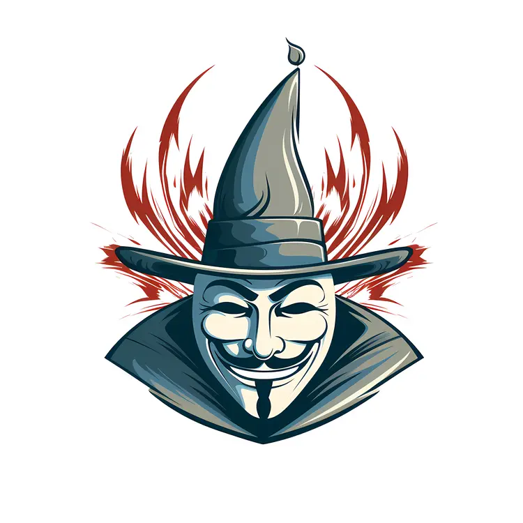 Guy Fawkes Mask with Witch Hat and Flames