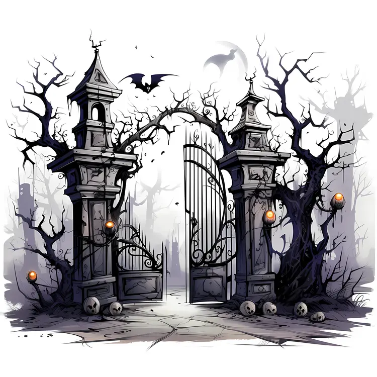 Spooky Haunted Gate with Bats and Skulls