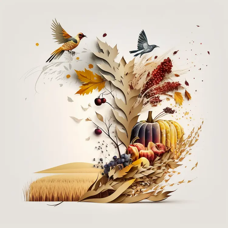 Autumn Harvest with Pumpkin and Birds