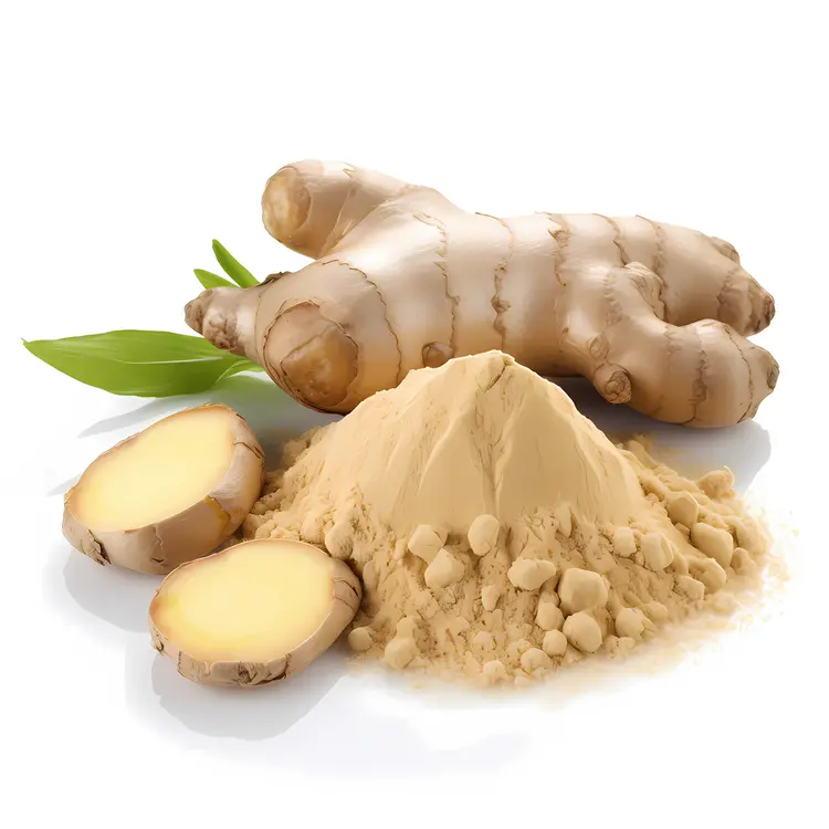 Ginger Root and Powder with Green Leaves