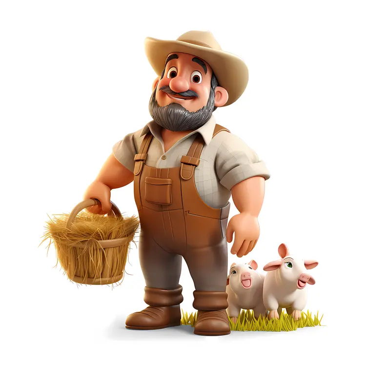 Farmer Holding Basket of Hay with Pigs