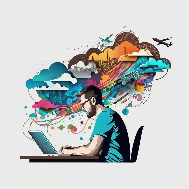 Creative Man Working on Laptop with Imaginative Background