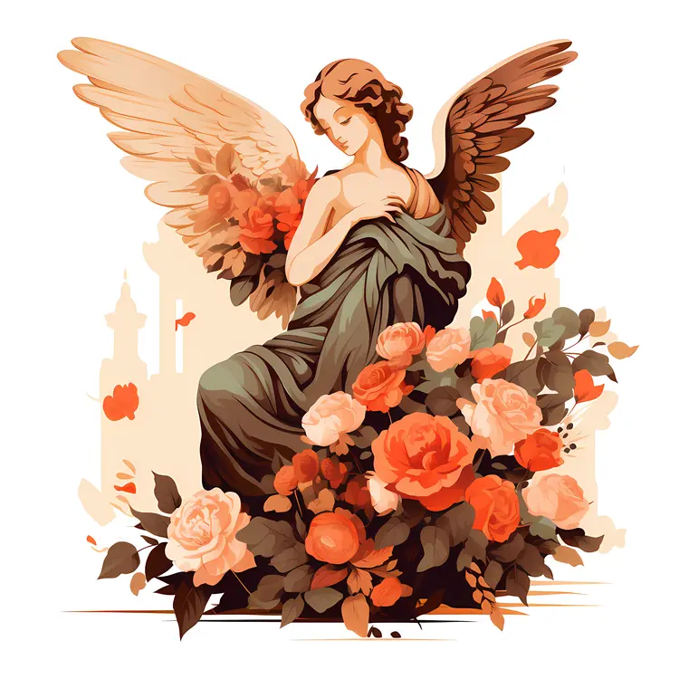 Brown Angel Statue with Flowers