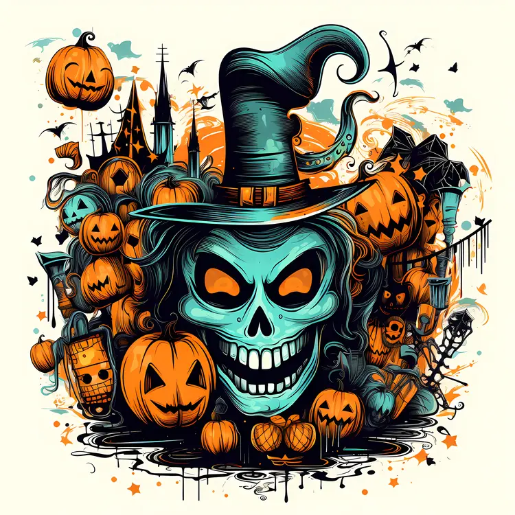Spooky Halloween Skull with Pumpkins and Witch Hat