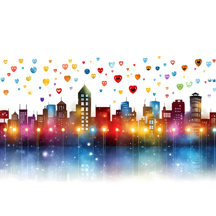 Colorful Cityscape with Floating Hearts