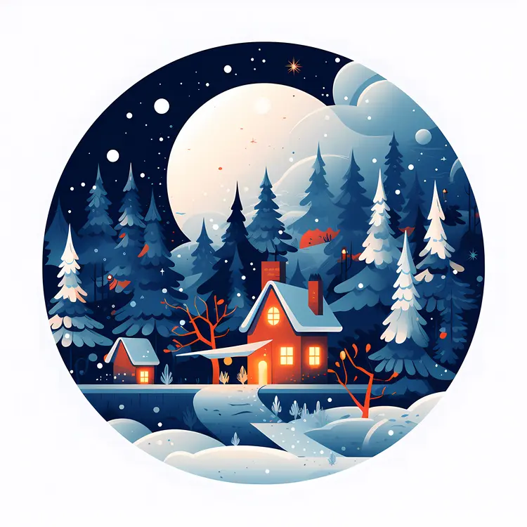 Snowy Night House in Forest