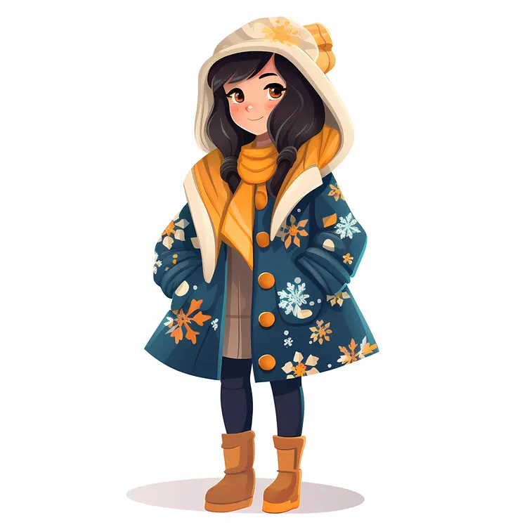 Cute Girl in Blue Winter Coat with Snowflakes