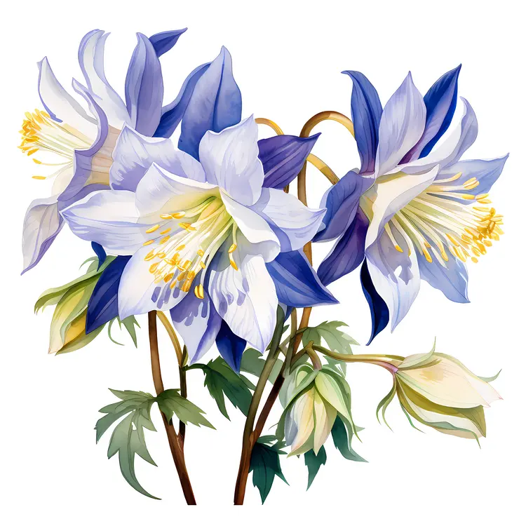 Blue and White Flowers with Green Leaves