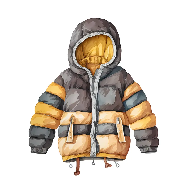 Yellow and Gray Puffer Jacket with Hood
