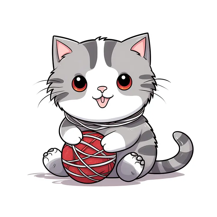 Cute Kitten Playing with Red Yarn Ball