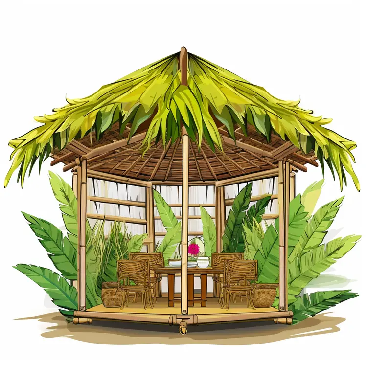 Tropical Bamboo Hut with Leaf Roof
