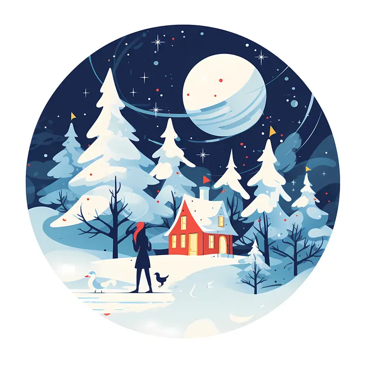 Snowy House in Winter Night