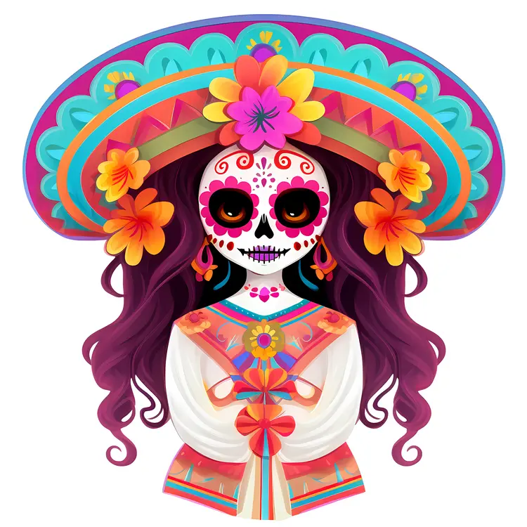 Colorful Sugar Skull with Hat and Flowers