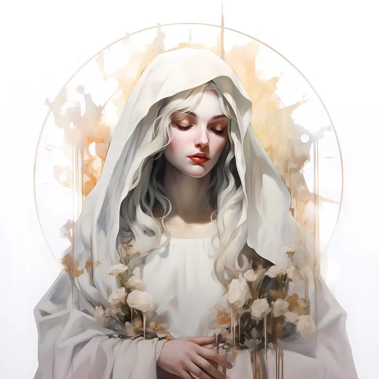 Serene Woman in White Robe with Flowers