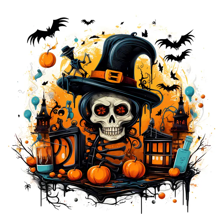 Skeleton with Witch Hat and Pumpkins