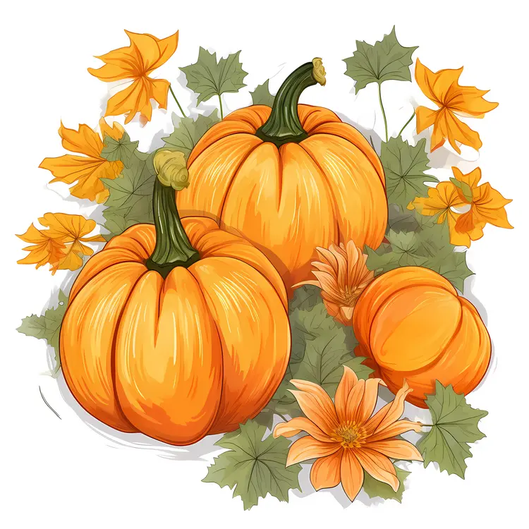 Pumpkins and Flowers Illustration