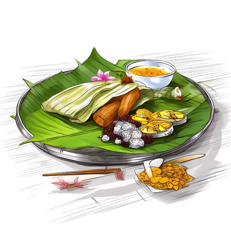Traditional Meal on Banana Leaf with Rice and Sauce