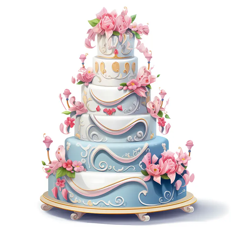 Beautiful Floral Blue and White Wedding Cake