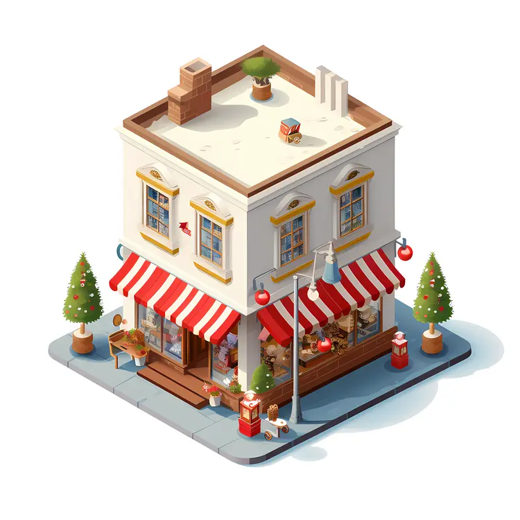Two-Story Shop Decorated for Christmas