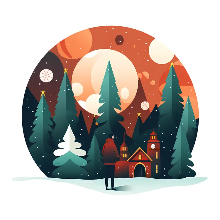 Winter Forest with Cabin and Night Sky