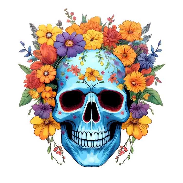 Colorful Skull with Flowers for Day of the Dead Celebration