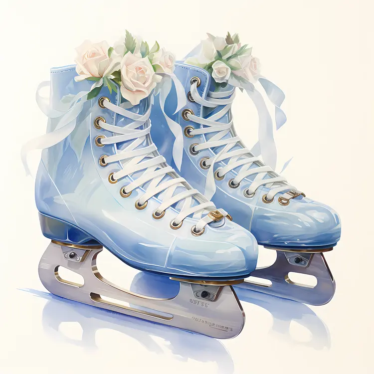 Decorative Blue Ice Skates with Flowers