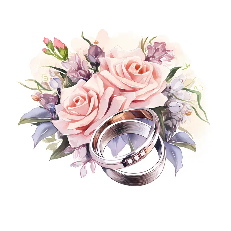 Wedding Rings with Pink Roses and Flowers