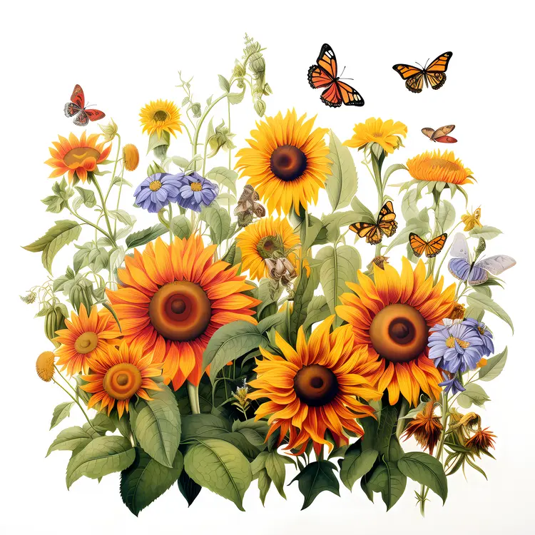 Sunflowers and Butterflies in a Garden