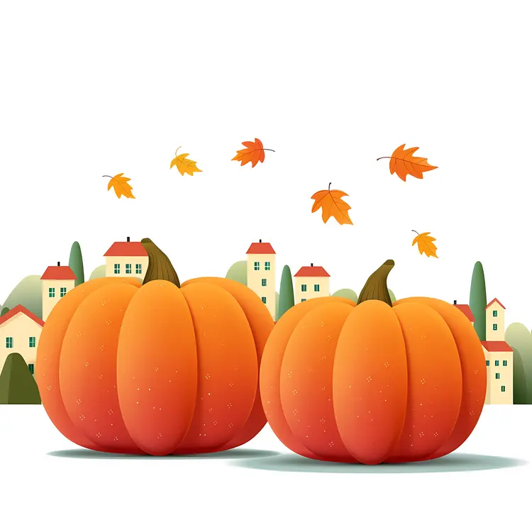 Two Orange Pumpkins with Falling Leaves