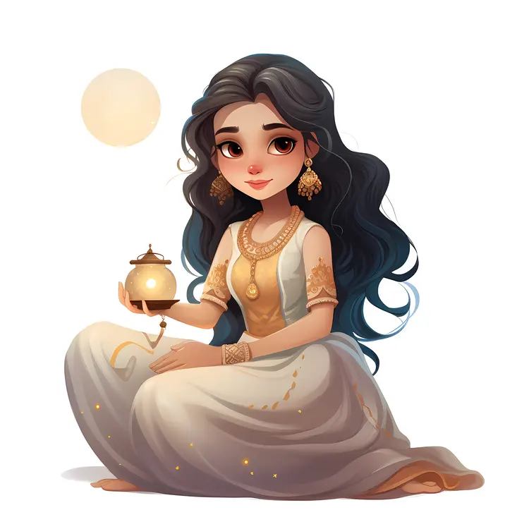Traditional Girl Sitting with Lamp