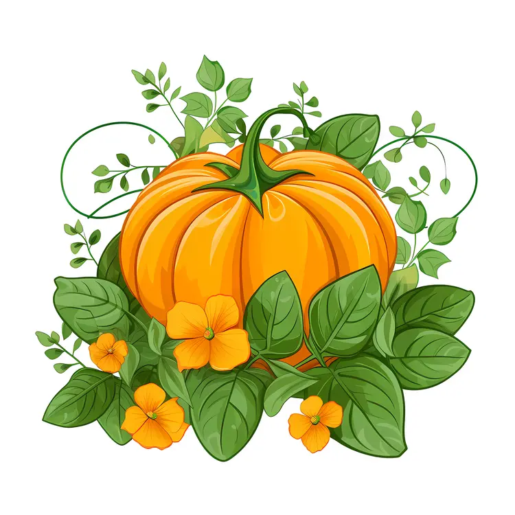 Pumpkin with Green Leaves and Yellow Flowers