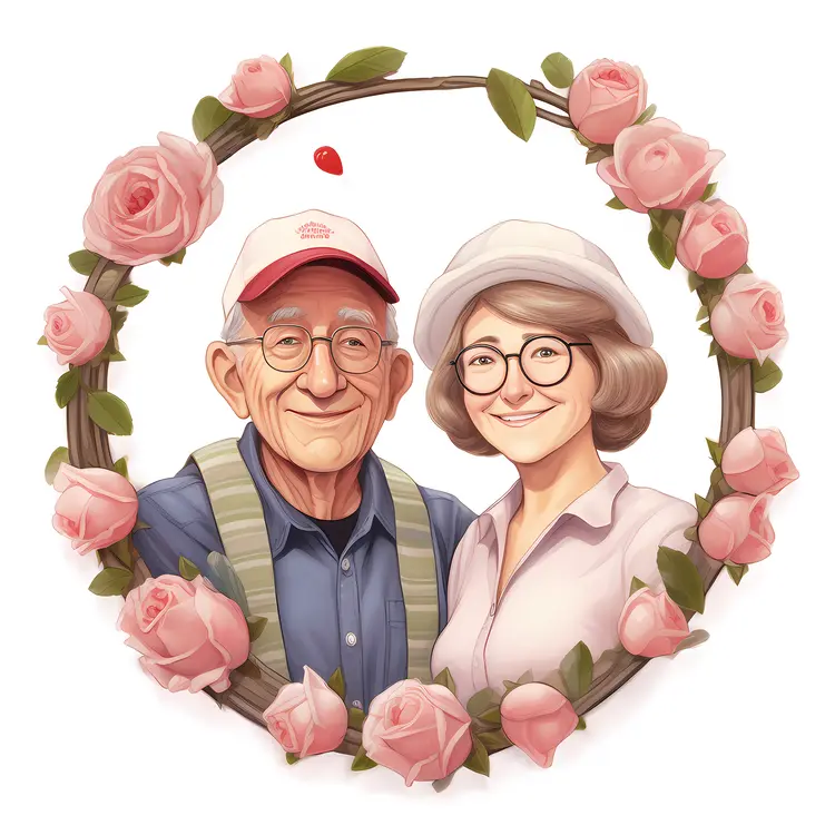 Elderly Couple Surrounded by Pink Roses Wreath