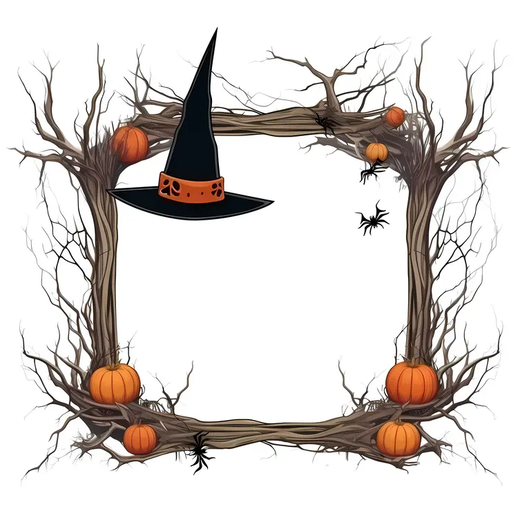 Halloween Frame with Witch Hat and Pumpkins