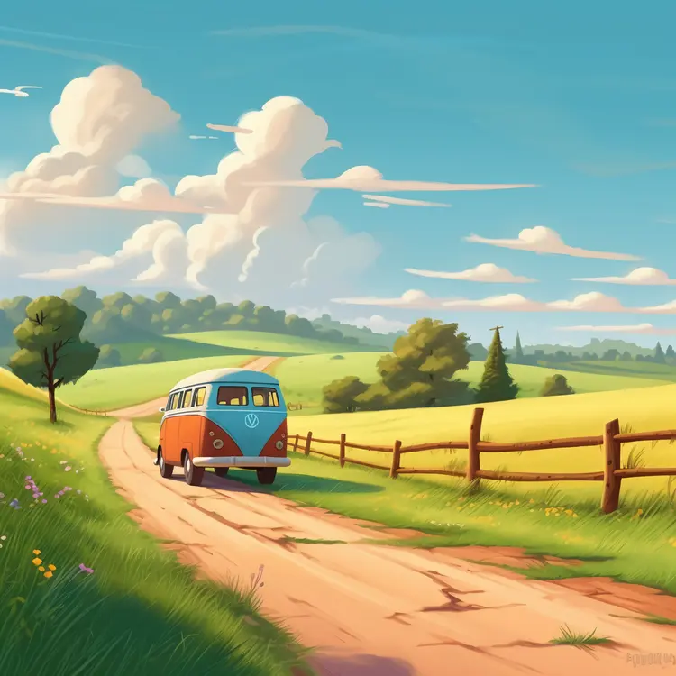 Vintage Van on a Scenic Countryside Road