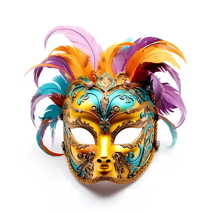 Golden Mask with Colorful Feathers