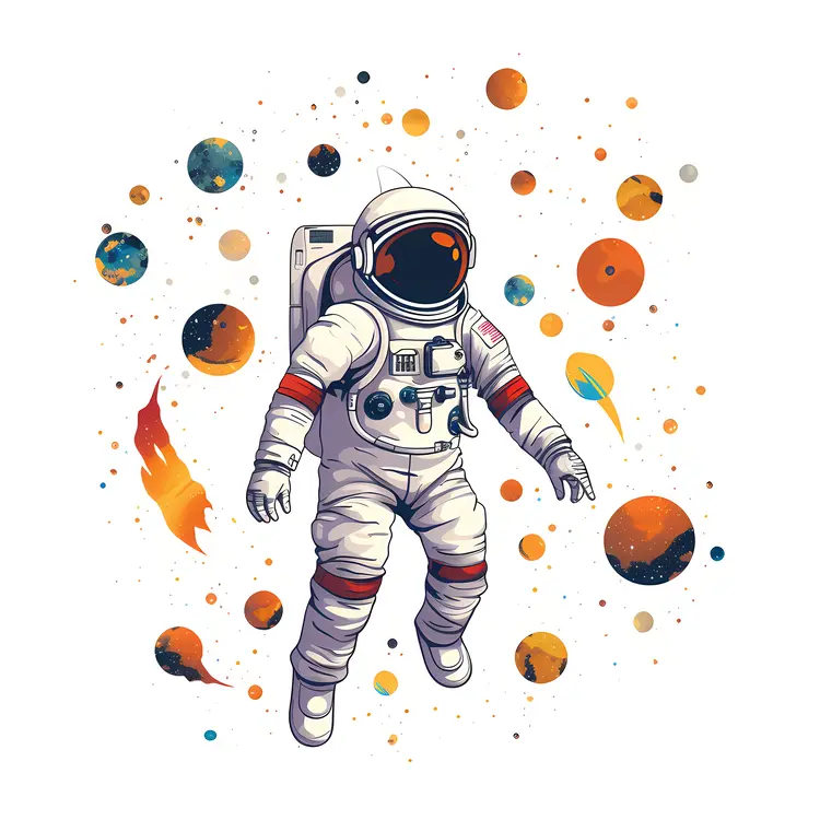 Astronaut Floating in Space with Planets