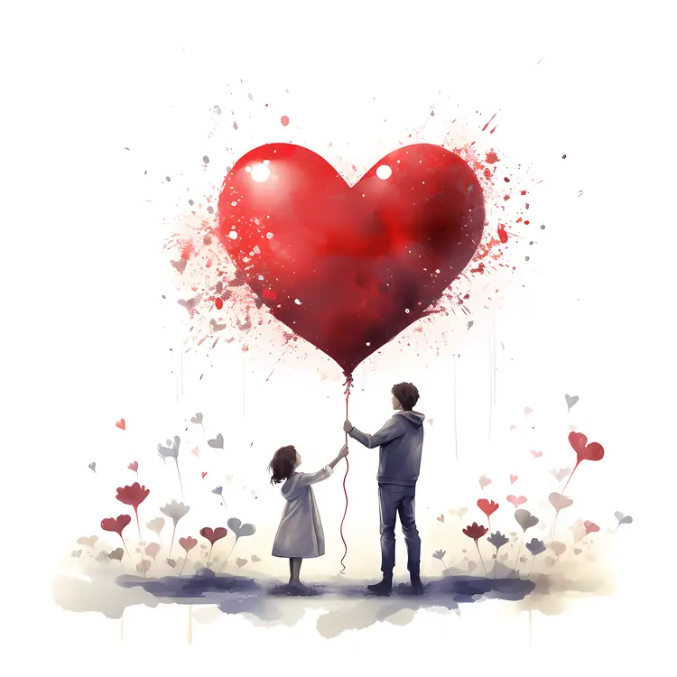 Boy and Girl Holding Red Heart Balloon