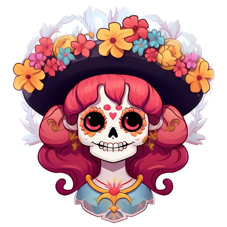 Colorful Sugar Skull with Flowers for Day of the Dead Celebration