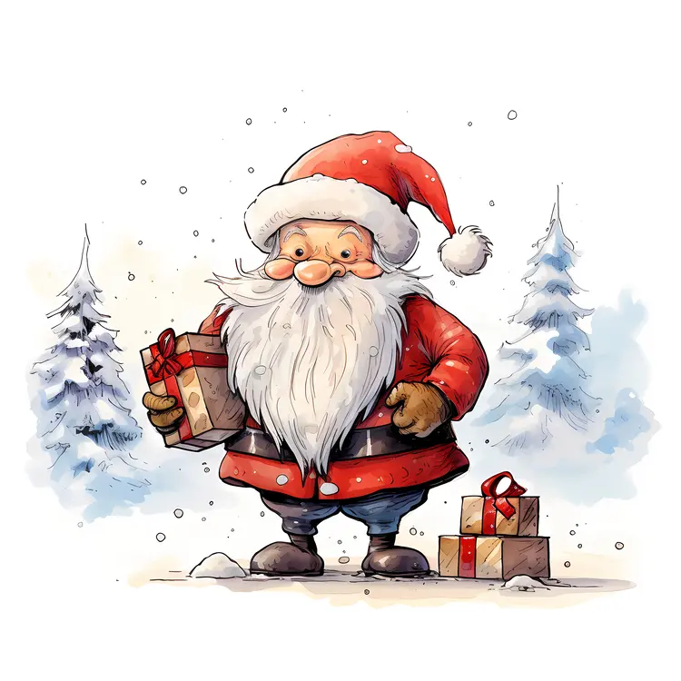 Santa Claus with Gifts in Snowy Forest