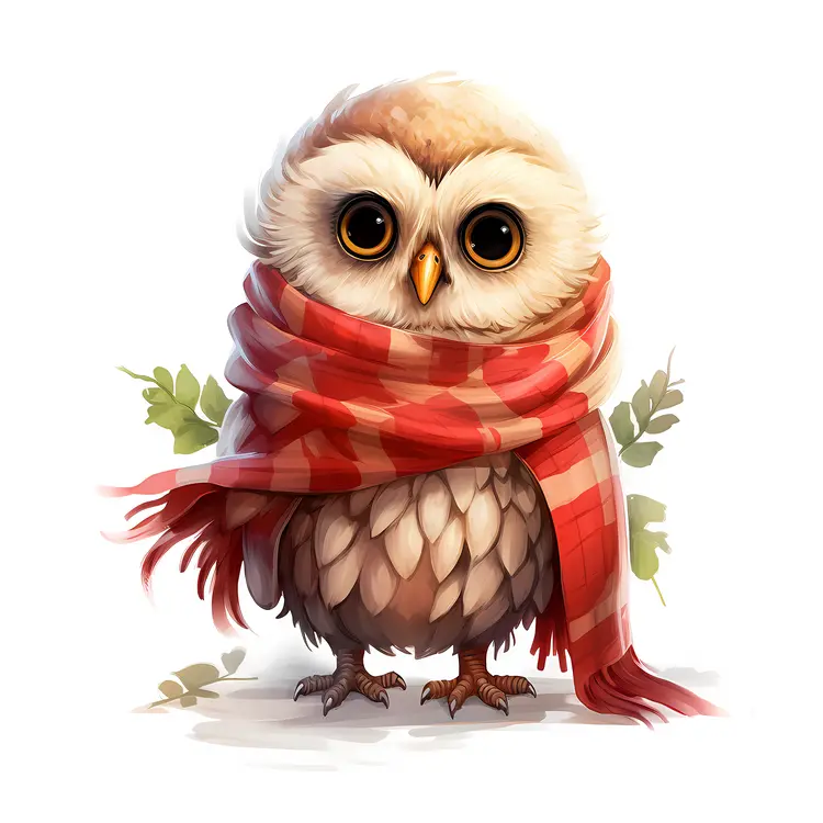 Adorable Owl with Red Scarf and Leaves