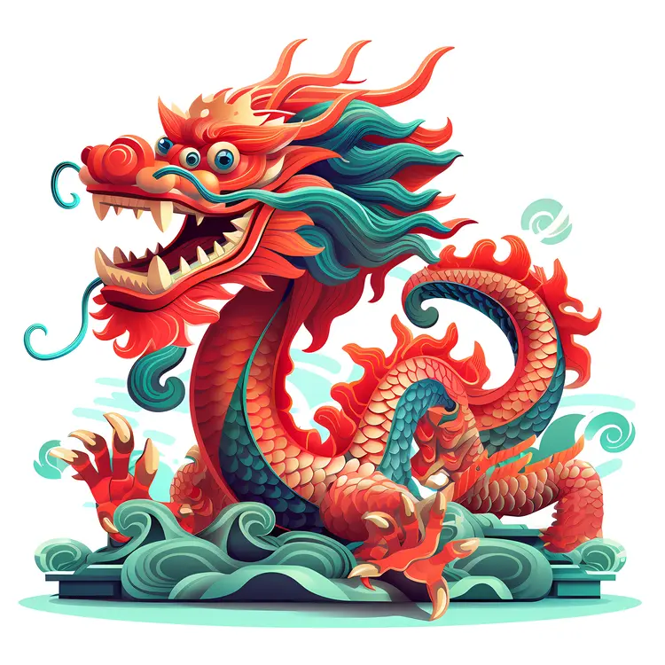 Red Dragon on Waves Illustration